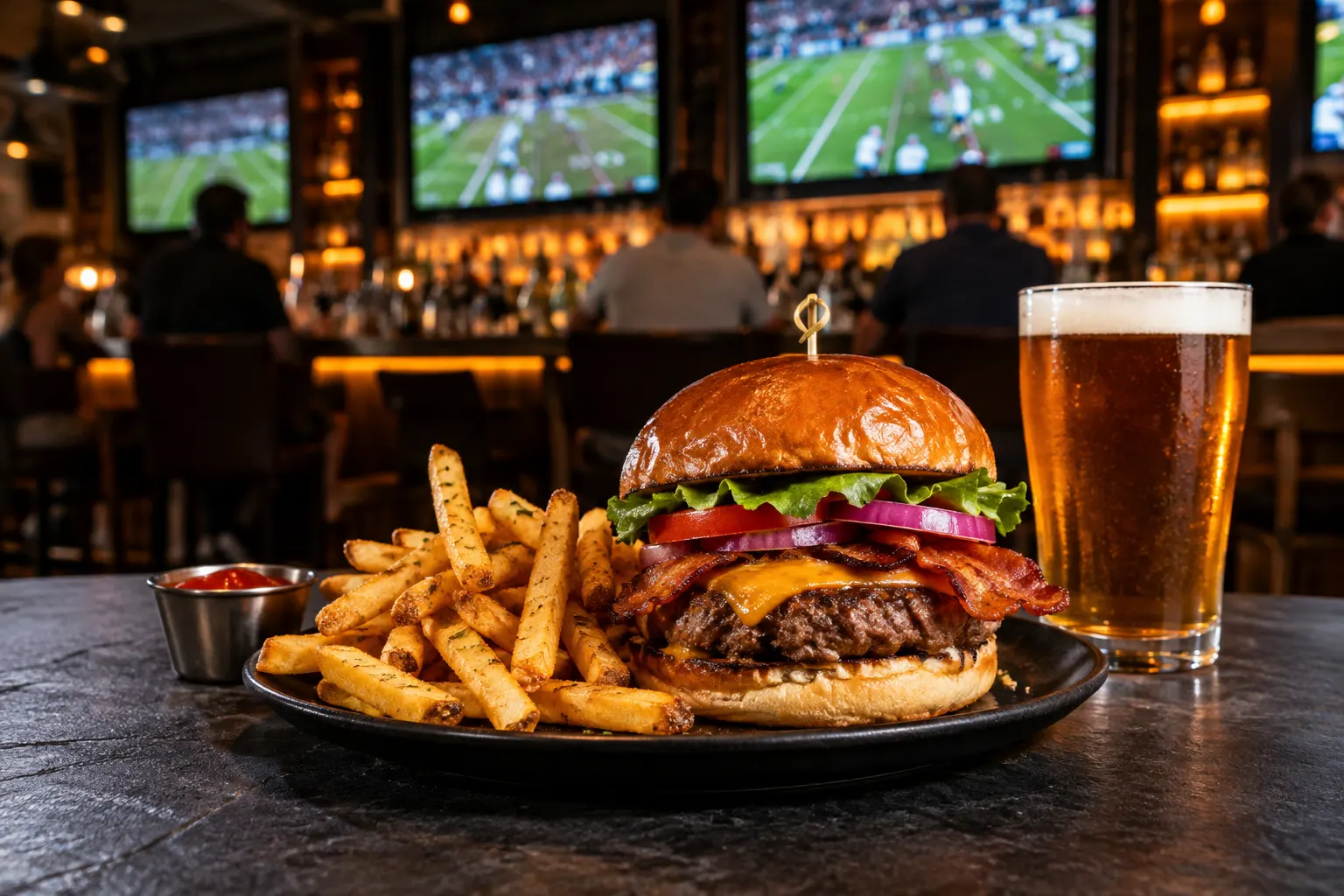 Burger dhe patate në ambient sport bar; pamje ilustruese